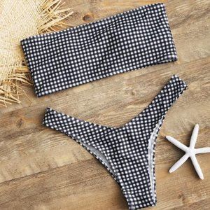 High Cut Plaid Bandeau Bikini Set